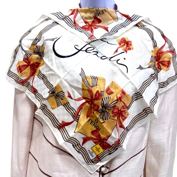 Fendi Accessories - New Fendi Cotton/ Handkerchief/MiniScarf 19" Ivery yellow orange bow ties (94)